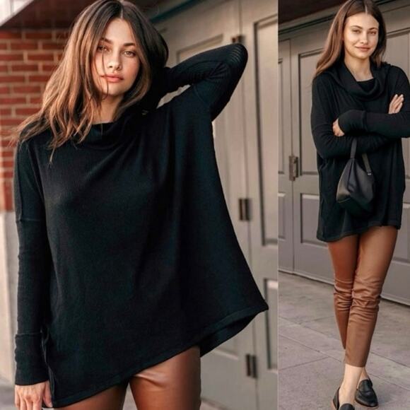 Free People NWT Black Juicy Oversized Waffle Knit Split Back Top Small - Picture 2 of 5